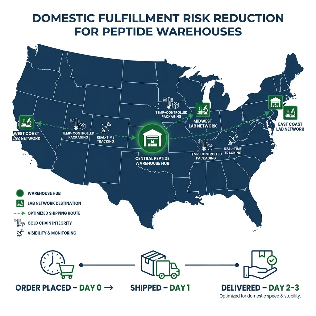 USA map infographic showing domestic shipping routes from central peptide warehouse with delivery timeline and risk reduction icons.