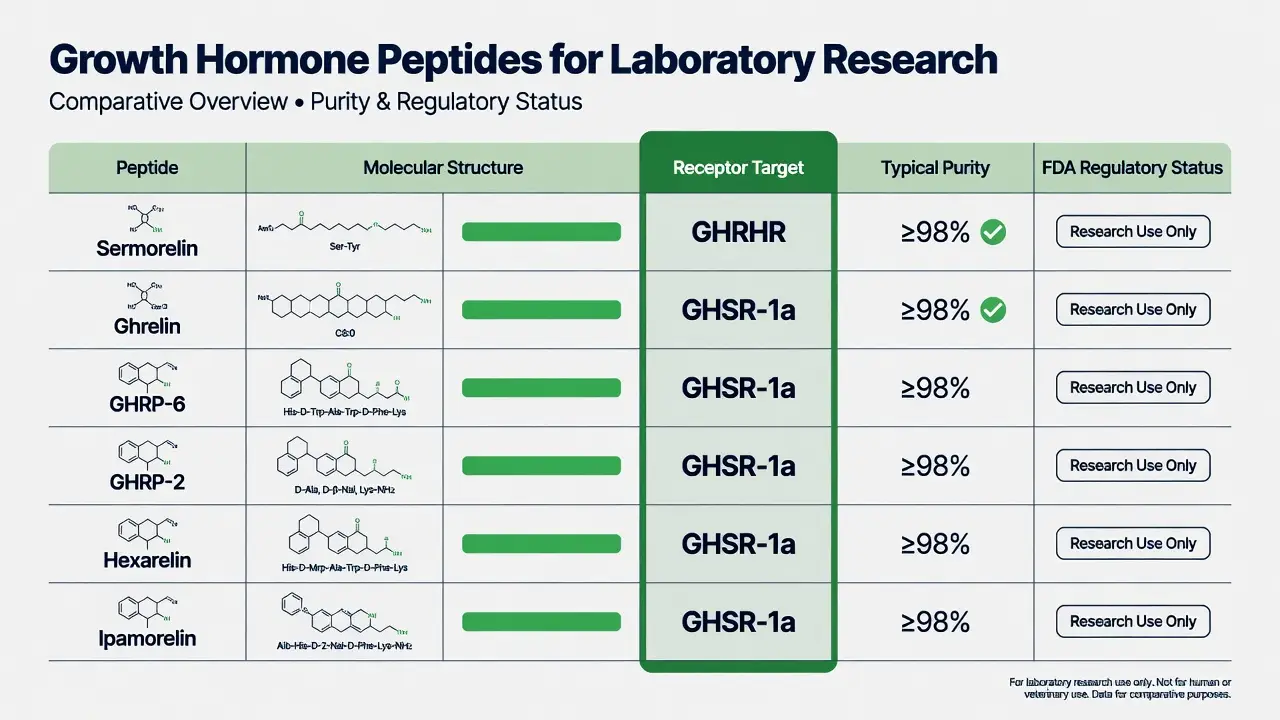 Comparison chart of peptides for laboratory research showing receptor targets, purity, and FDA status.