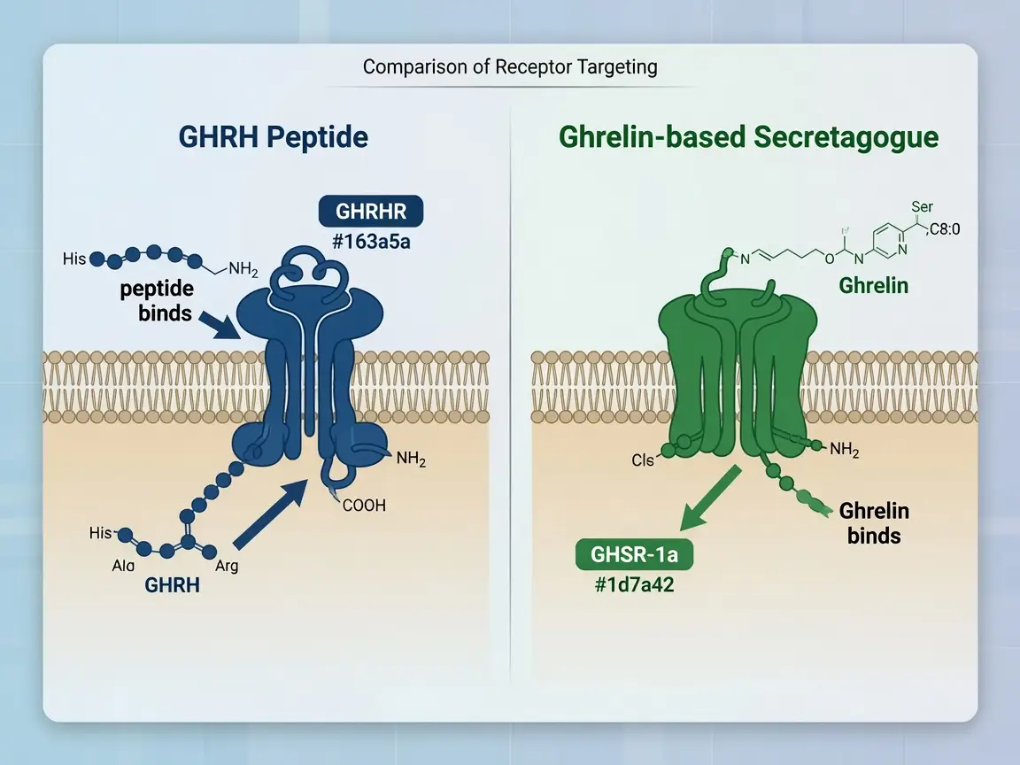 Diagram comparing GHRH receptor and ghrelin receptor targets for growth hormone peptides.