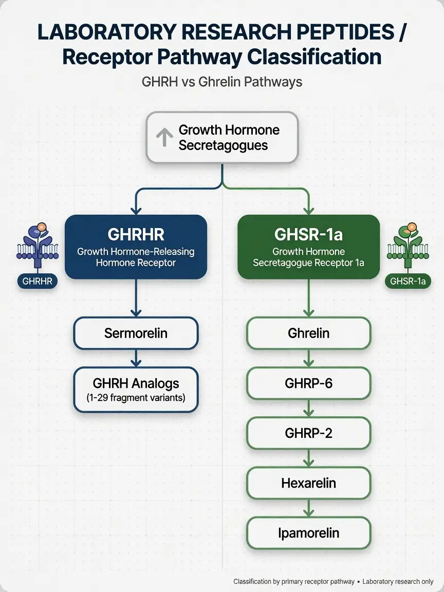 Flowchart classifying research peptides by GHRHR or GHSR-1a receptor pathway.