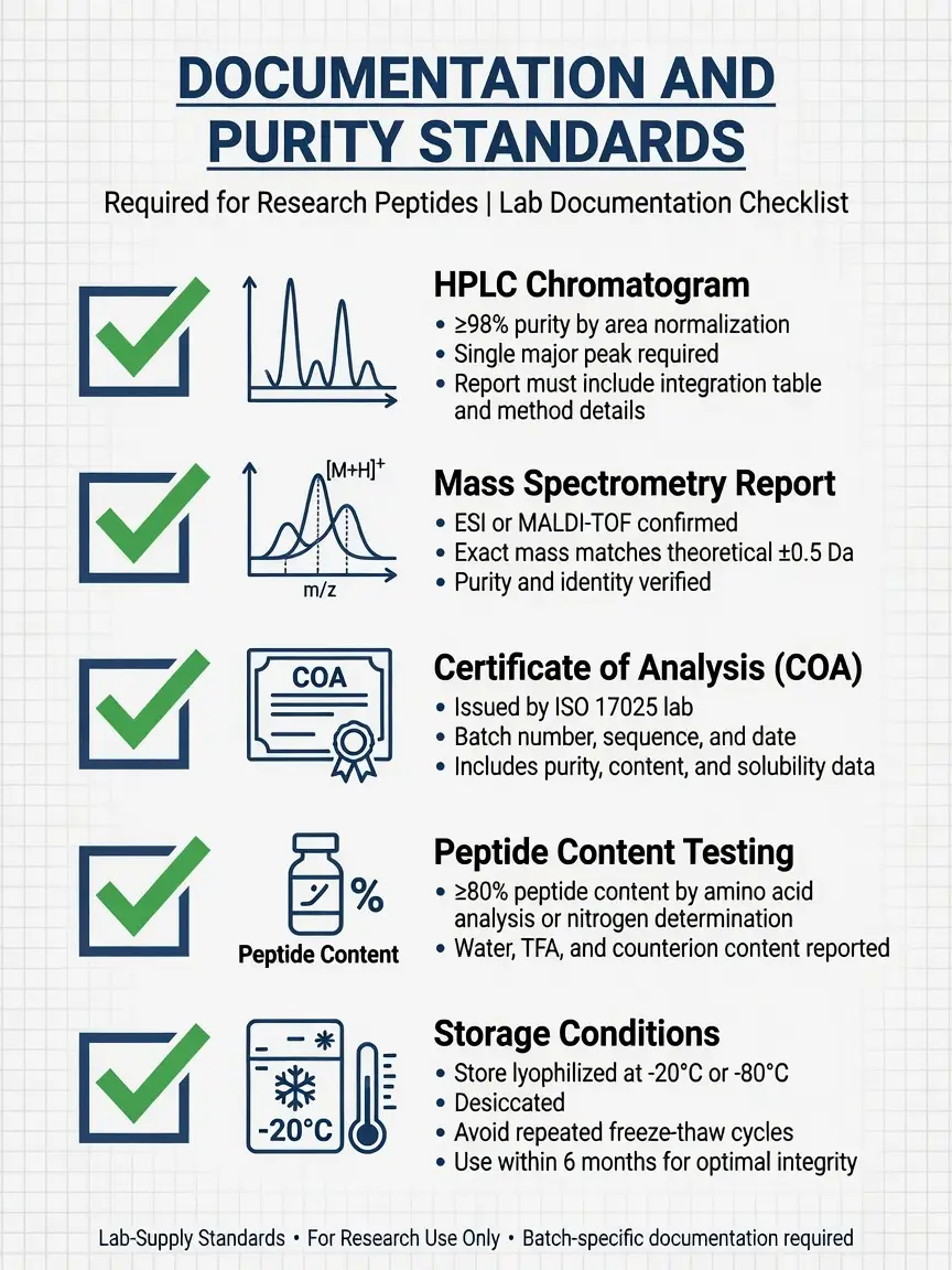 Checklist infographic of purity and documentation standards for research peptides.