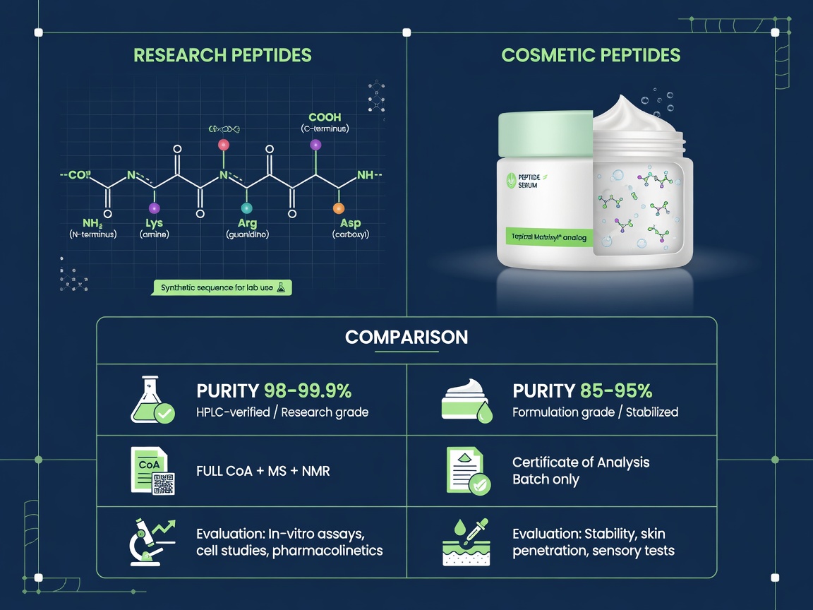Infographic comparing research peptides cosmetic peptides with molecular structure, cream jar, and purity comparison table