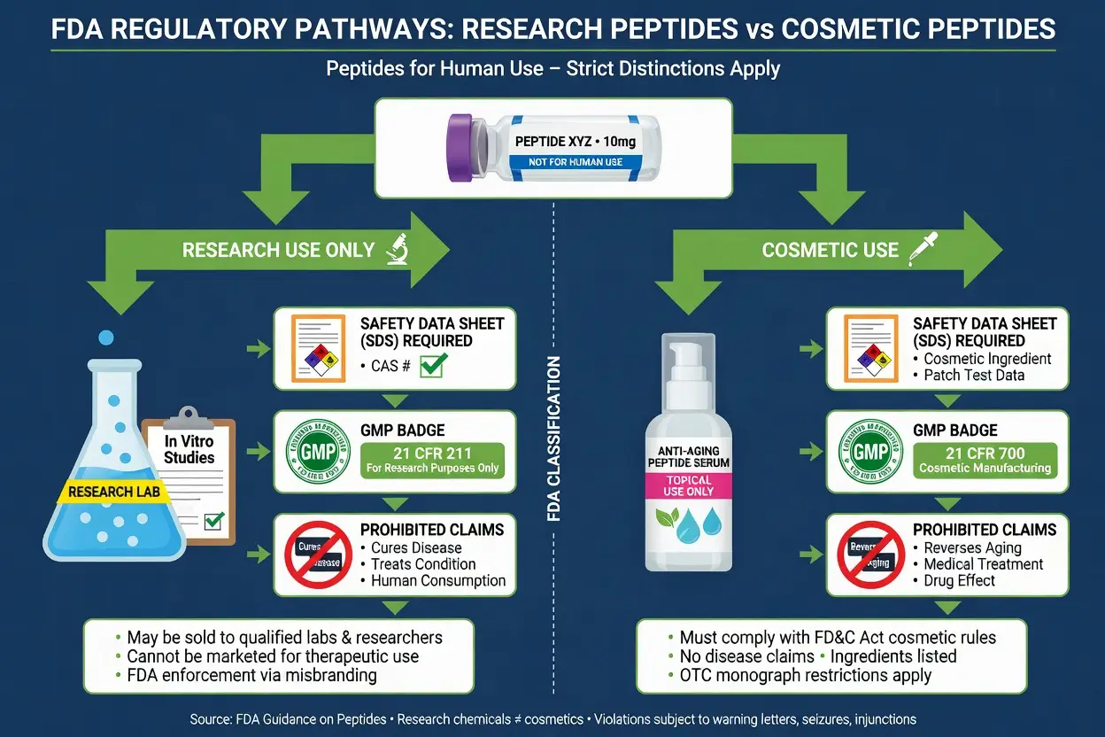 FDA regulatory flowchart for research and cosmetic peptides with safety data and GMP icons