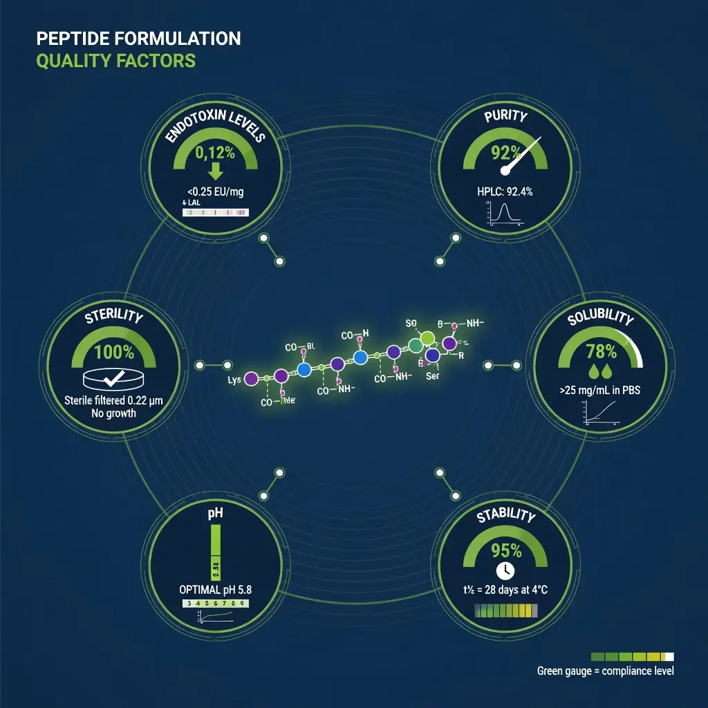 Diagram of peptide formulation quality factors with purity, solubility, and stability indicators