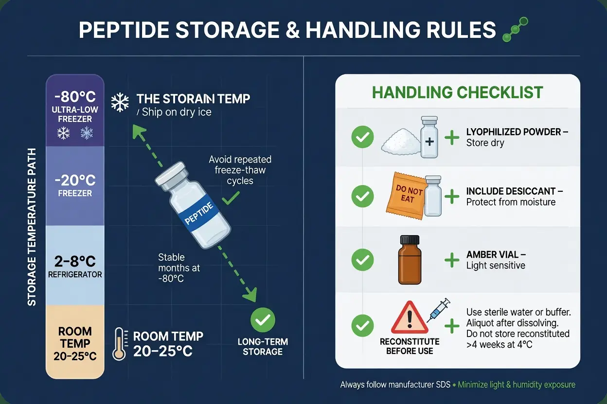 Storage and handling infographic for peptides with temperature gradient and checklist icons