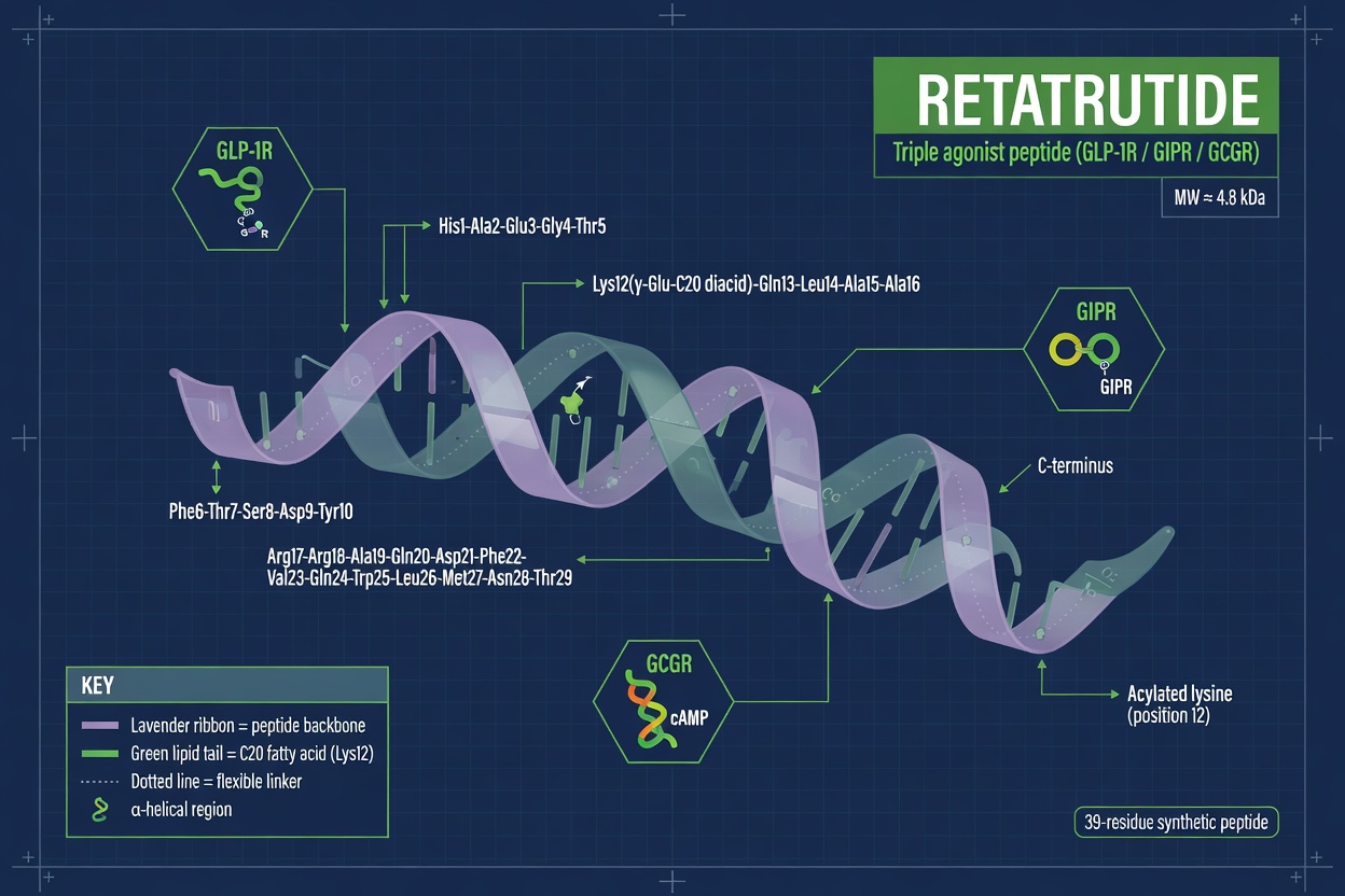 retatrutide peptide research guide molecular structure infographic with receptor motifs