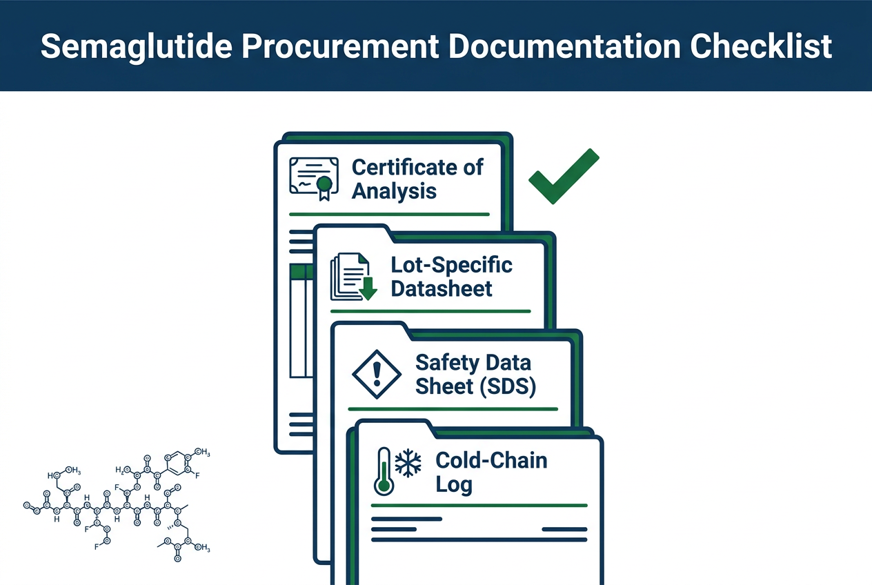 Infographic showing required semaglutide procurement documents including COA, lot file, SDS, and cold-chain log with green checkmarks.