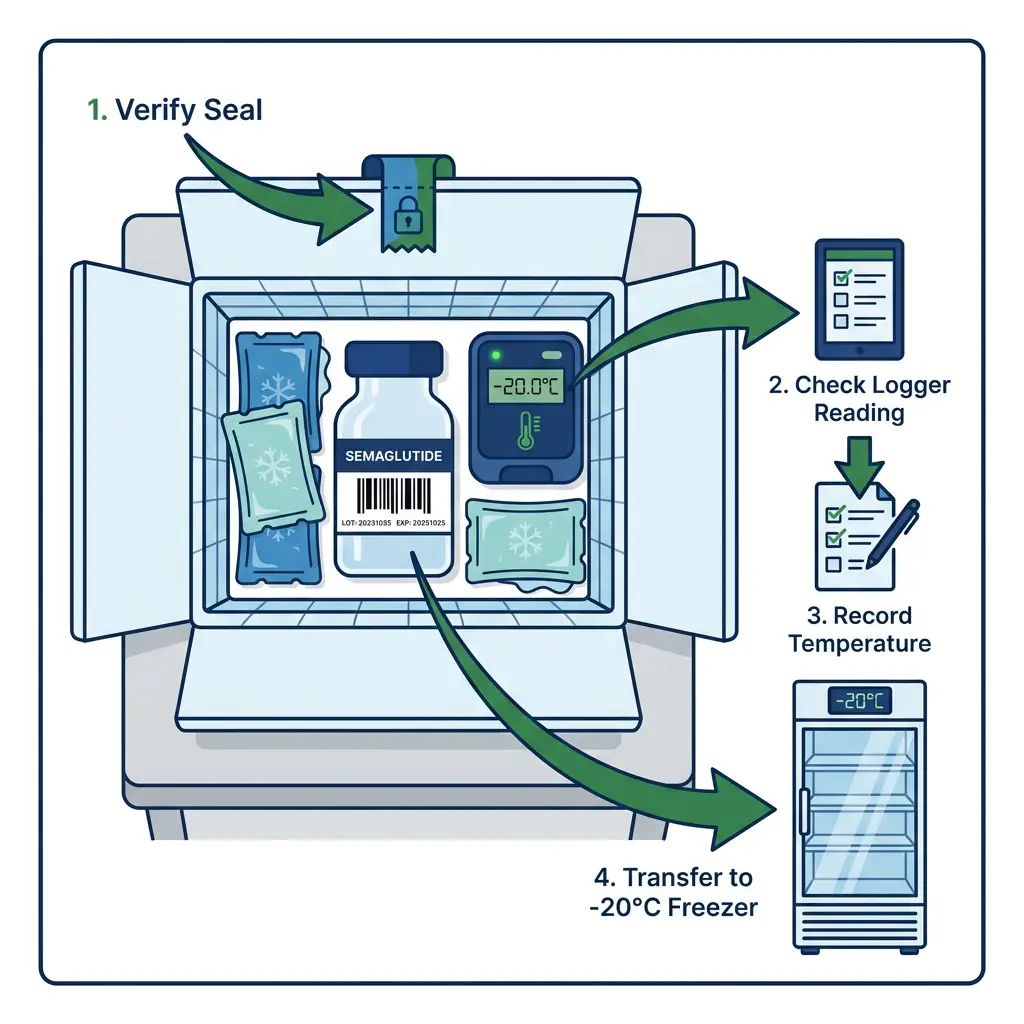 Diagram of semaglutide shipment inspection showing temperature logger, ice packs, and transfer steps to freezer.