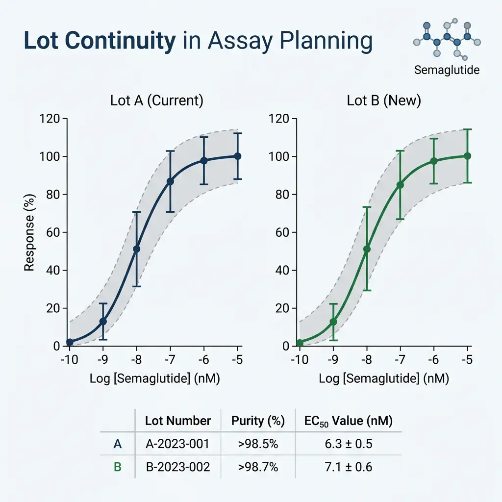 Line graph comparing dose-response curves from two semaglutide lots with overlapping error bars and purity table.