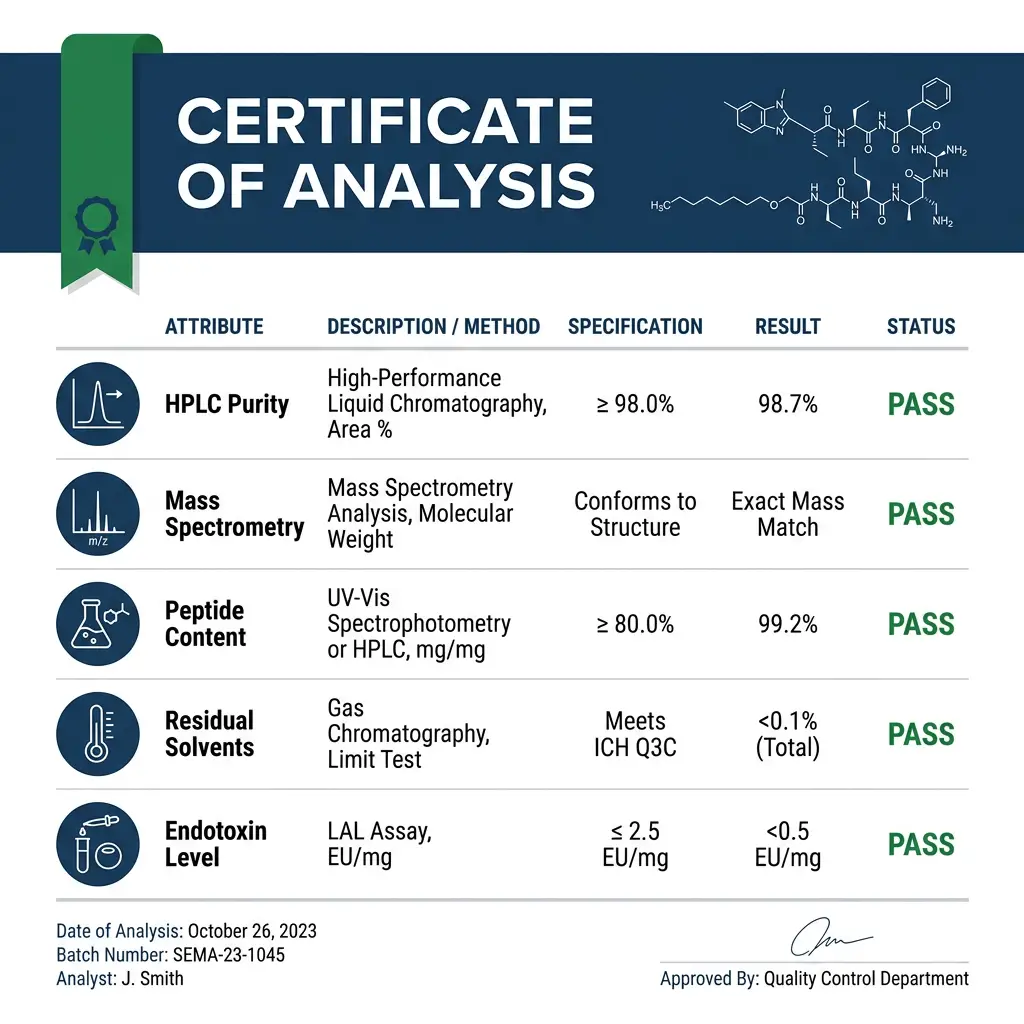 Certificate of analysis infographic for semaglutide showing HPLC purity, mass spec, peptide content, and endotoxin levels.