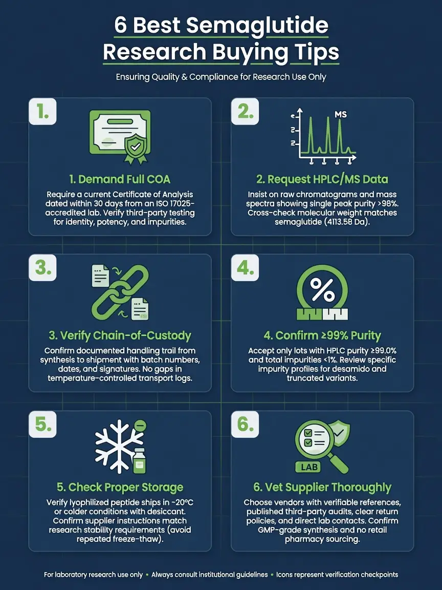 Infographic listing six semaglutide research buying tips for labs with icons and numbered steps.