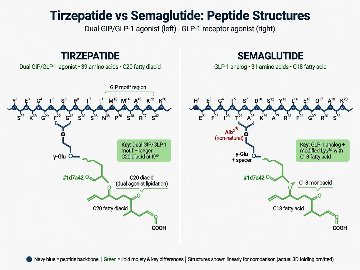Molecular structure comparison of tirzepatide and semaglutide peptides with highlighted fatty acid side chains.