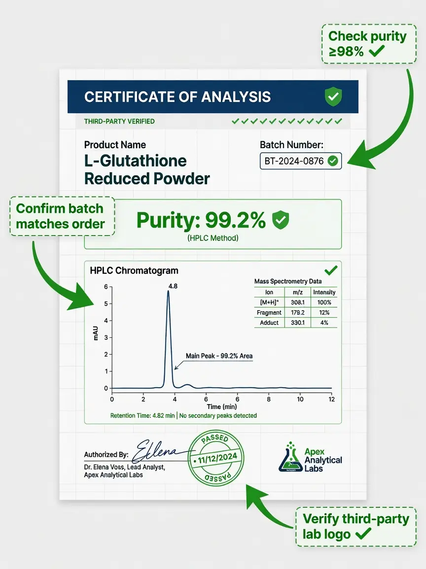 Illustrated certificate of analysis with annotated purity, HPLC, and mass spectrometry data verification points.