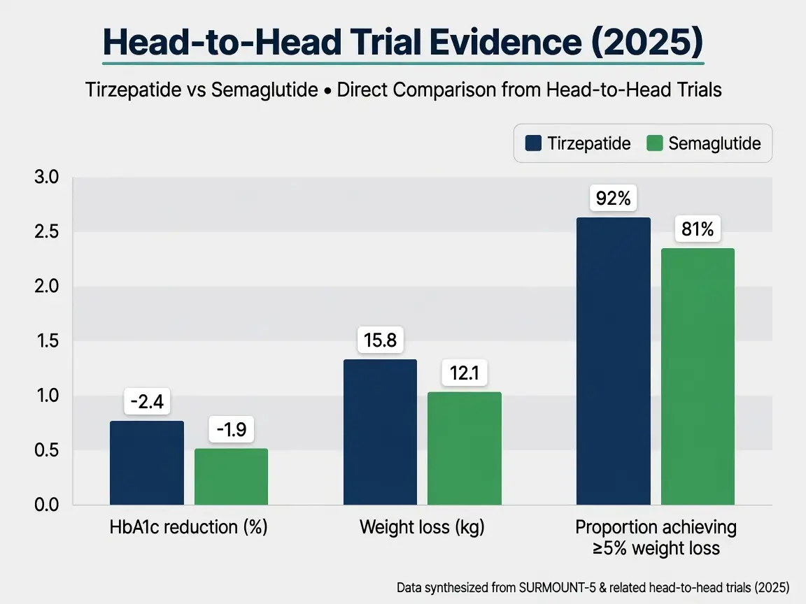 Bar chart comparing tirzepatide and semaglutide clinical trial outcomes for HbA1c and weight loss.