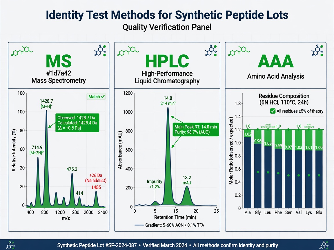 Infographic of identity tests for synthetic peptide lots including MS, HPLC, and amino acid analysis