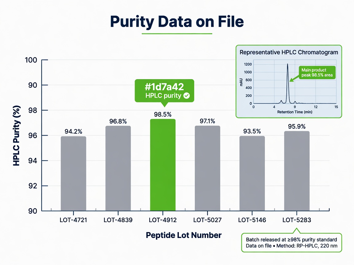 Purity data chart for synthetic peptides showing HPLC purity percentages