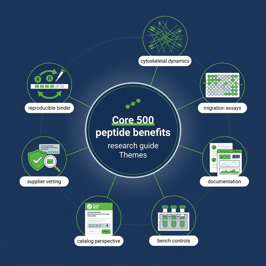 Infographic showing 500 peptide benefits research guide themes as a seven-spoke wheel for laboratory teams