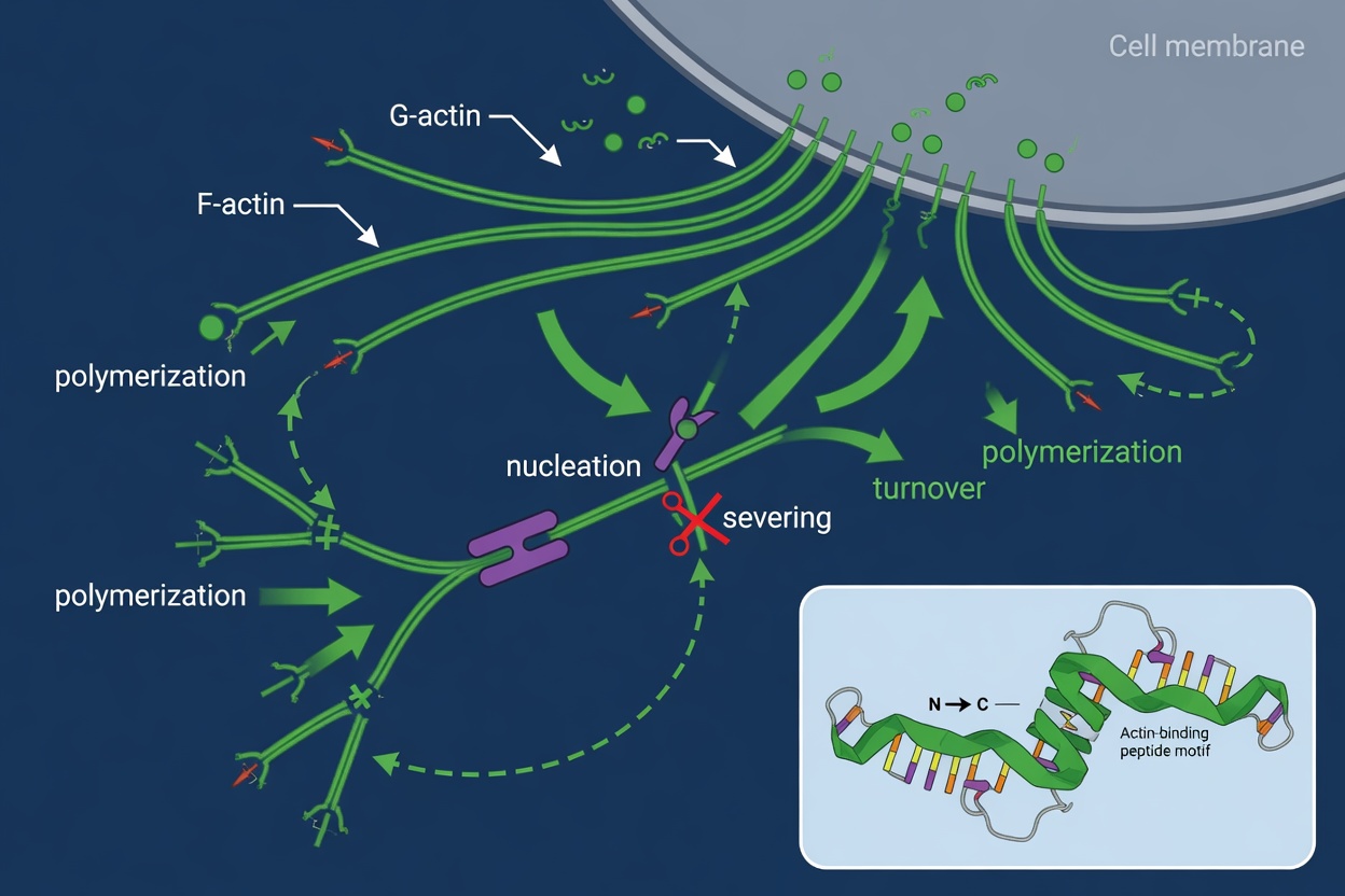 Diagram of actin cytoskeletal dynamics with labeled filaments and peptide structure