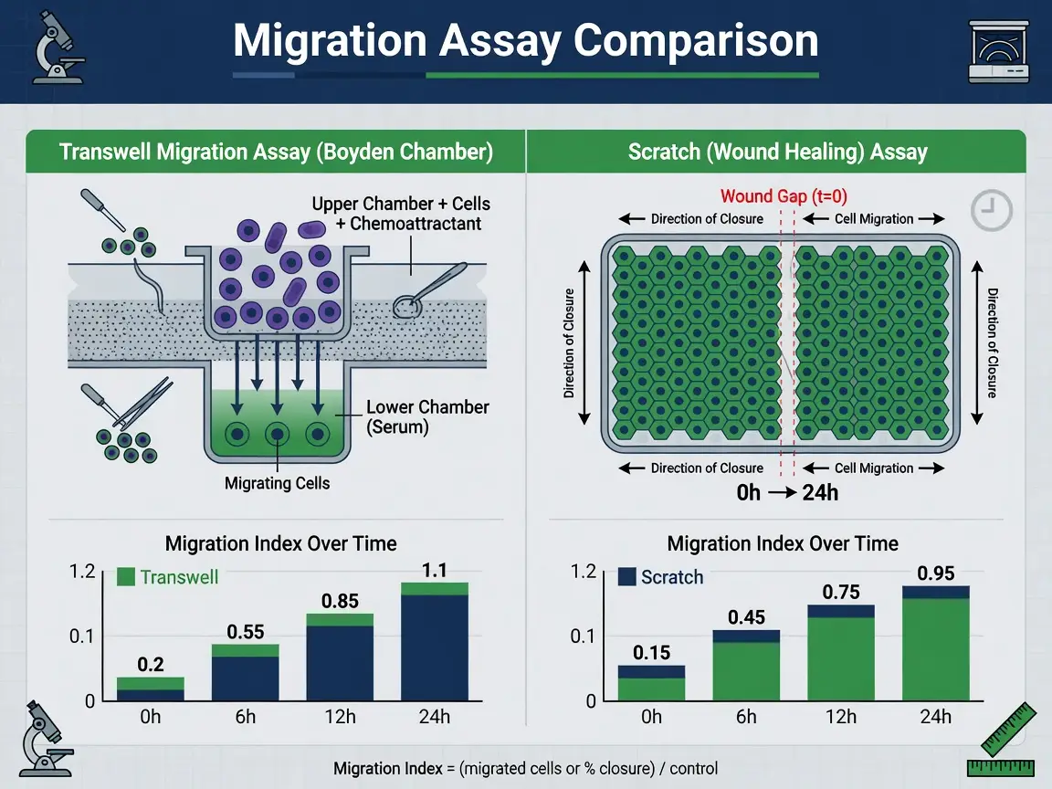 Infographic comparing transwell and scratch migration assays with quantitative data charts
