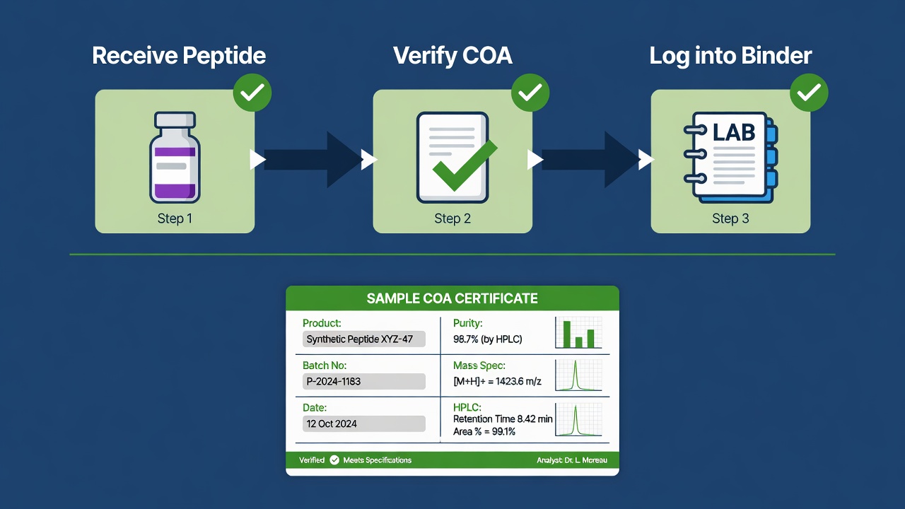 Documentation workflow diagram showing COA verification and binder logging for peptide research