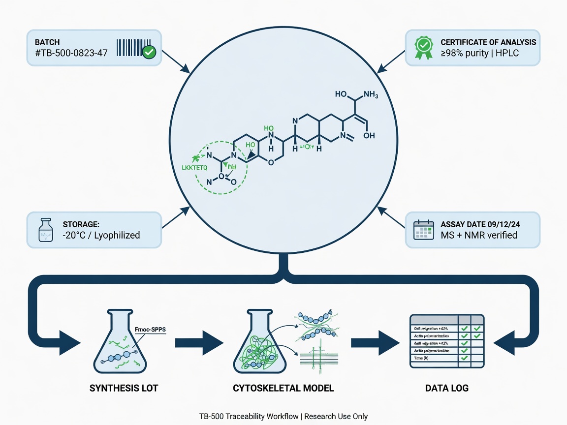 Infographic showing tb 500 peptide research guide lot traceability workflow for cytoskeletal models
