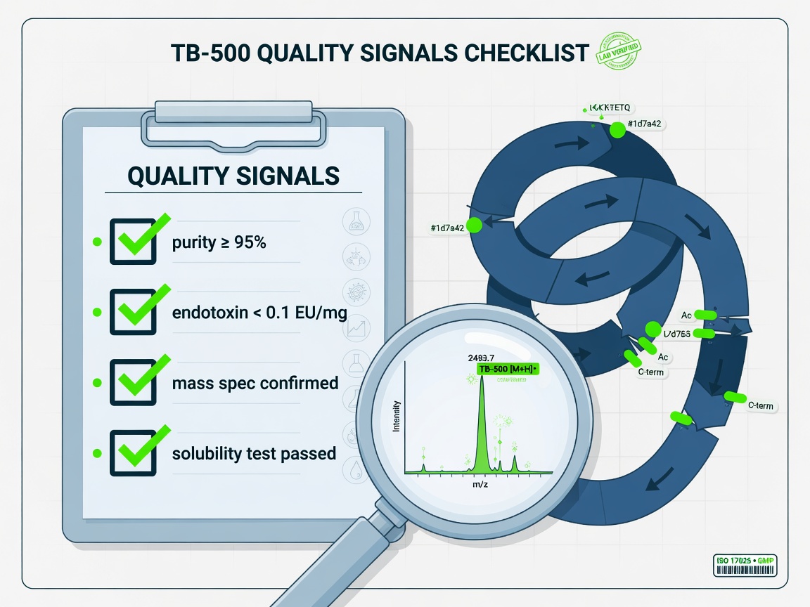 Quality signals checklist with TB-500 peptide structure and spectral data