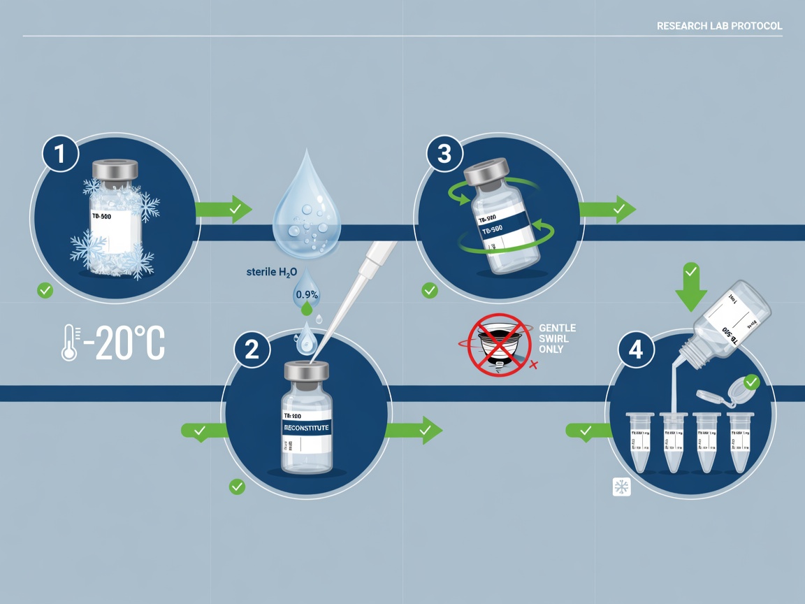 Four-step handling practices infographic for TB-500 peptide reconstitution and storage