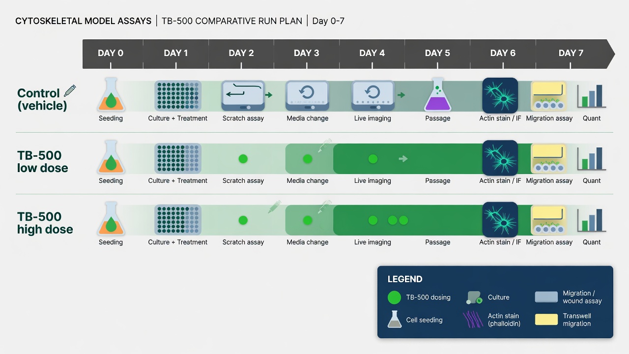 Comparative run timeline for TB-500 cytoskeletal model assays with control and dose groups