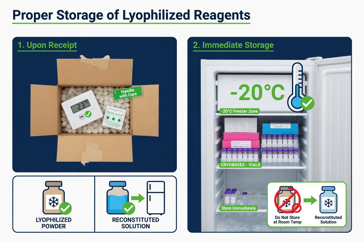 Infographic of peptide receiving and storage SOP with temperature and desiccant guidelines
