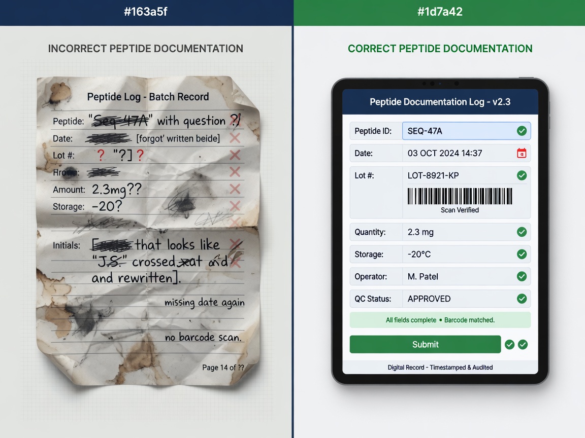 Comparison of common documentation mistakes versus correct peptide log entries