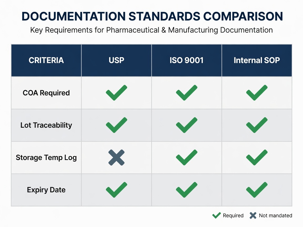 Quick reference chart comparing peptide documentation standards across USP, ISO, and internal SOP